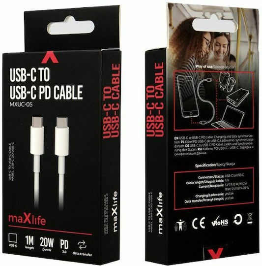 Maxlife USB 2.0 Cable USB-C male - USB-C 20W Λευκό 1m_0