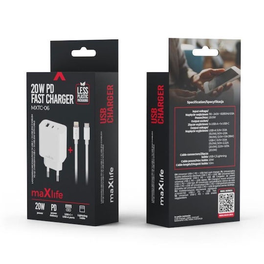 Maxlife Φορτιστής Θύρα USB-C και Καλώδιο USB-C - Lightning 20W Power Delivery Λευκός (MXTC-06-20AC)