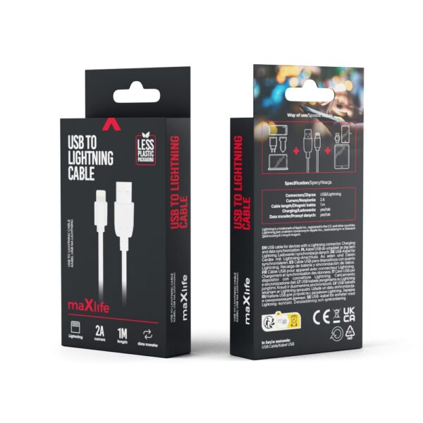 Maxlife cable USB - Lightning 1,0 m 2A white