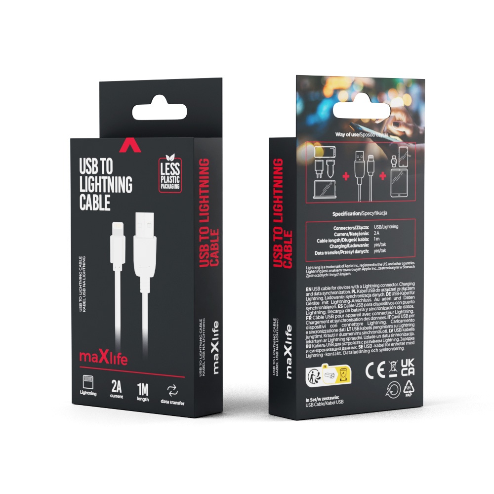 Maxlife cable USB - Lightning 1,0 m 2A white_0