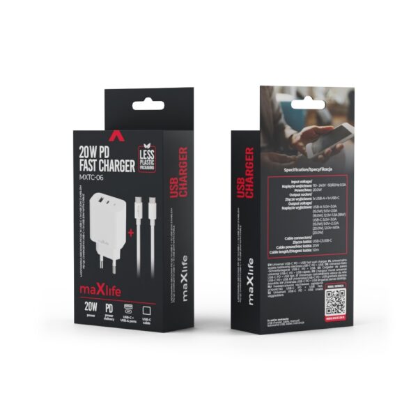 Maxlife MXTC-06-20AC PD QC charger 1x USB-C 1x USB 20W white + USB-C - USB-C cable 20W