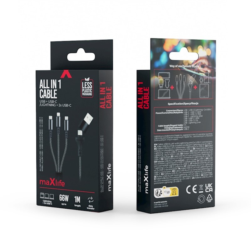 Maxlife ALLin1 cable USB + USB-C - Lightning + 2x USB-C 1,0 m 66W black_0