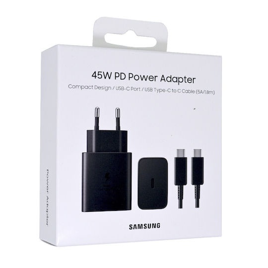 Samsung Φορτιστής με Θύρα USB-C και Καλώδιο USB-C - USB-C 45W Power Delivery Μαύρος