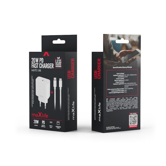 Maxlife Φορτιστής με Θύρα USB-C και Καλώδιο USB-C - TYPE C 20W Power Delivery Λευκός