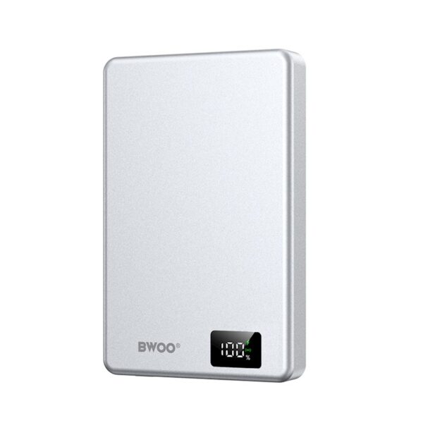 BWOO ultra-slim aluminium magnetic power bank P76 PD 20W 10000 mAh with digital display and USB-C port SILVER